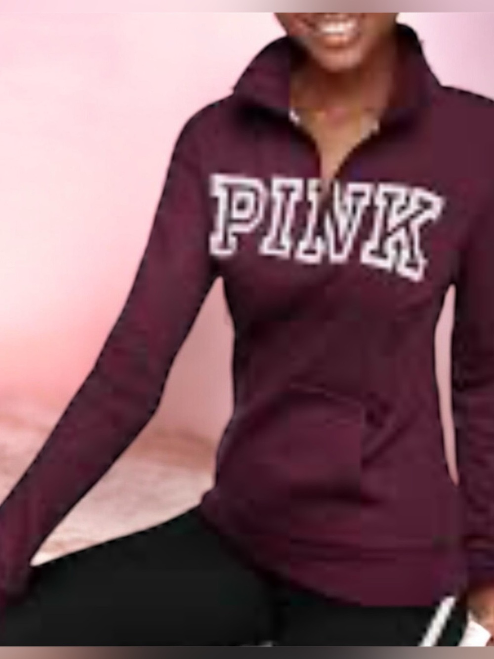 PINK Victoria's Secret Maroon Quarter-Zip Pullover Kangaroo pocket W wash wear.